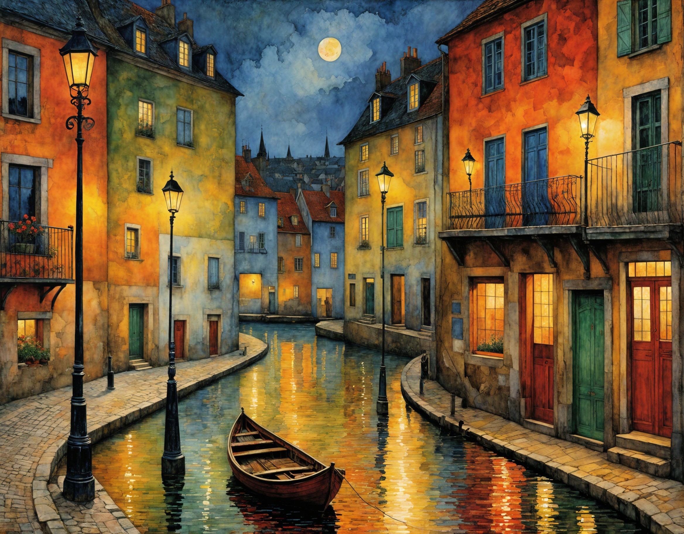 Tranquil Night Scene of a Colorful Canal and Houses