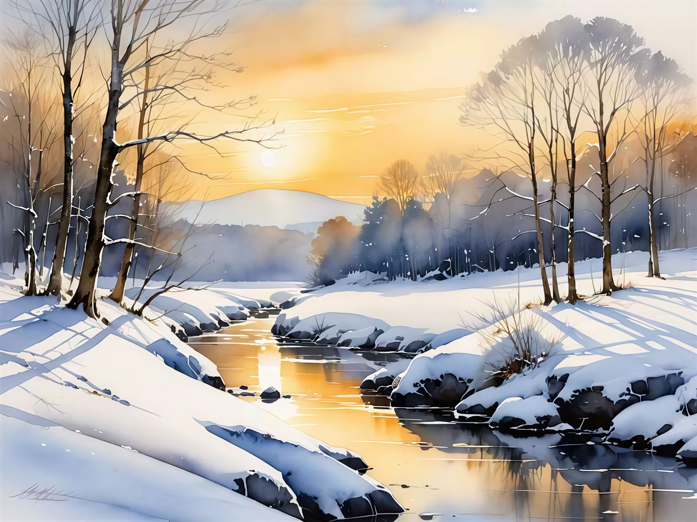 Winter Watercolor Landscape with Stream and Sunset