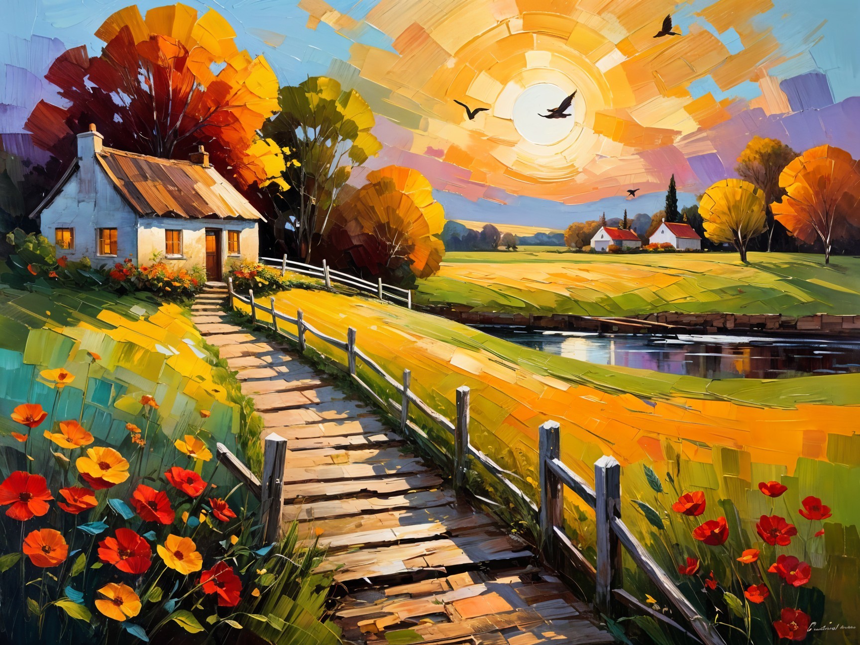 Cozy Cottage in Vibrant Autumn Landscape with River