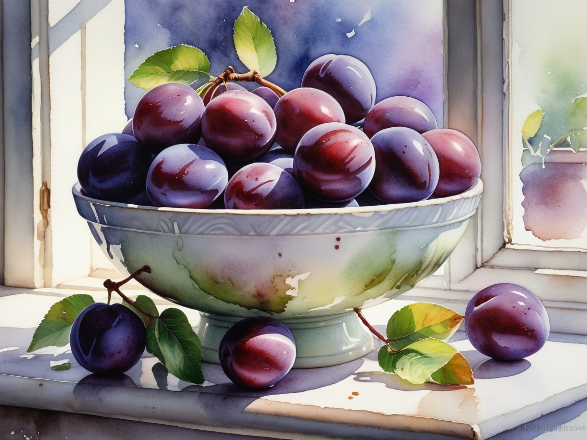 Watercolor Painting of Plums on a Sunlit Windowsill