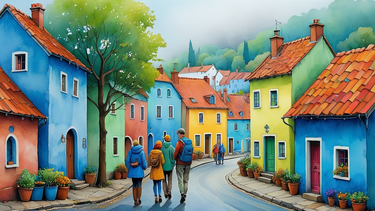 Vibrant Village Scene with Colorful Houses and Nature