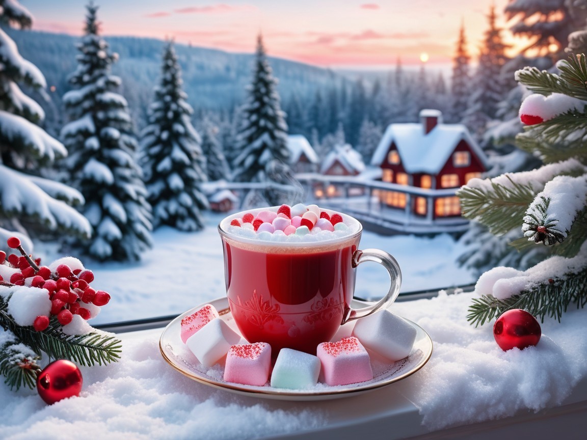 Cozy Winter Scene with Hot Cocoa and Cabin View