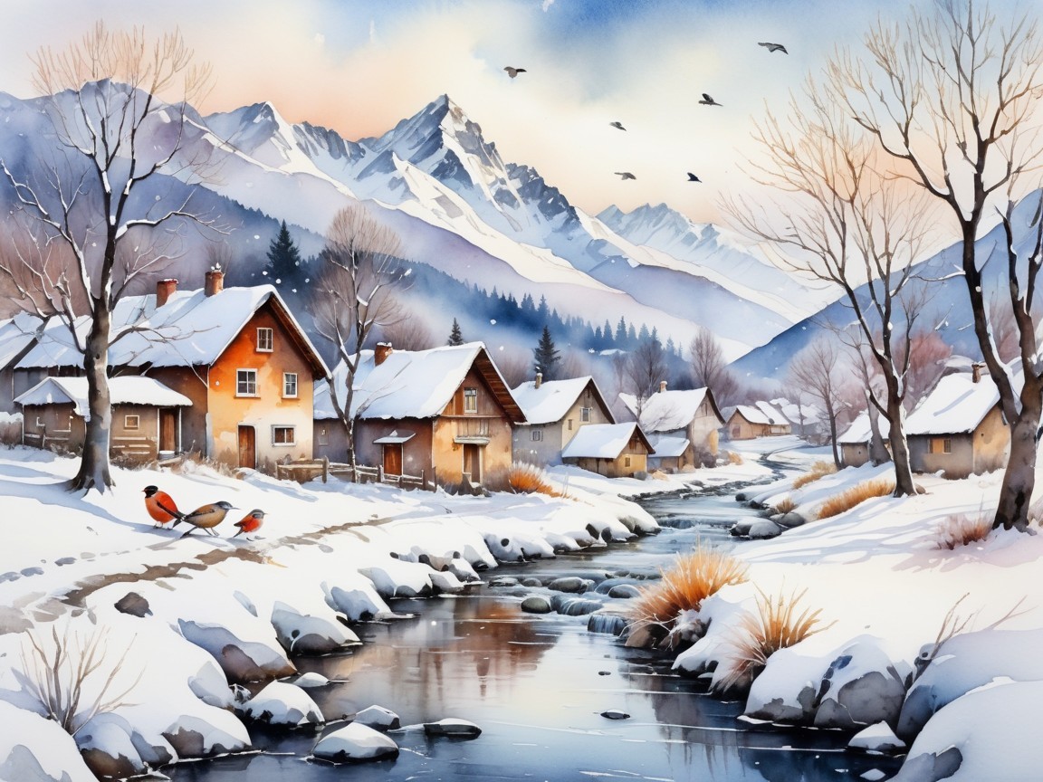 Serene Winter Landscape with Snowy Houses and Mountains