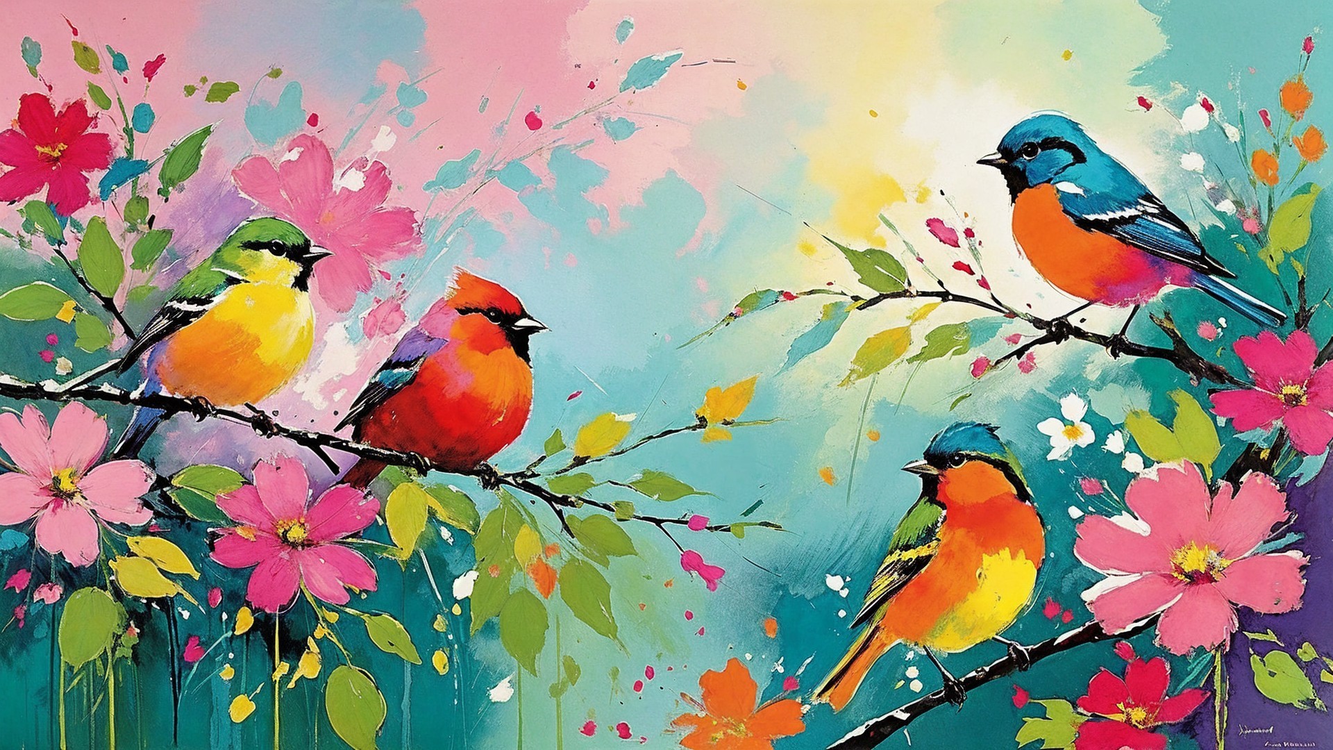 Vibrant Painting of Colorful Birds and Flowers