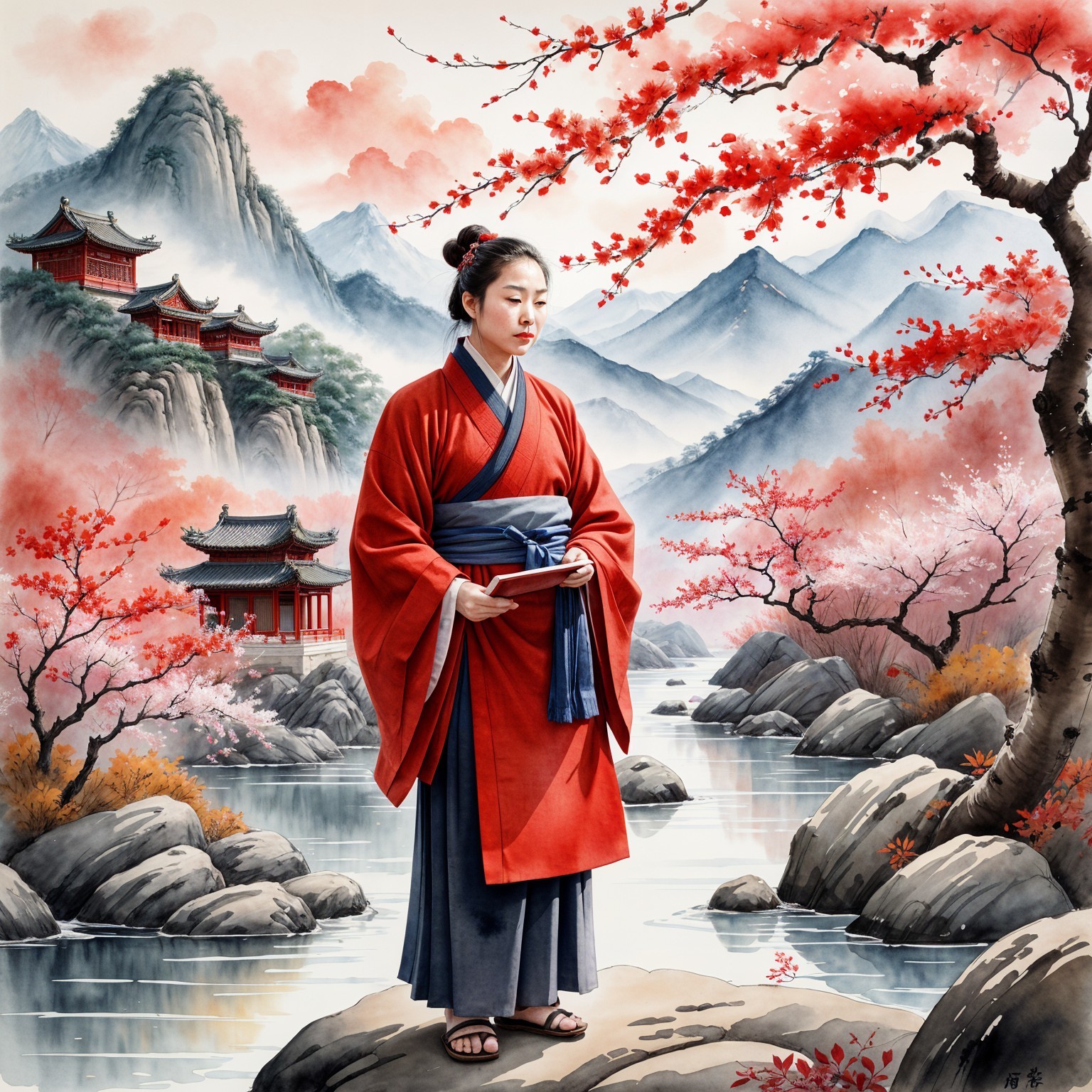 Serene Landscape with Woman in Traditional Attire