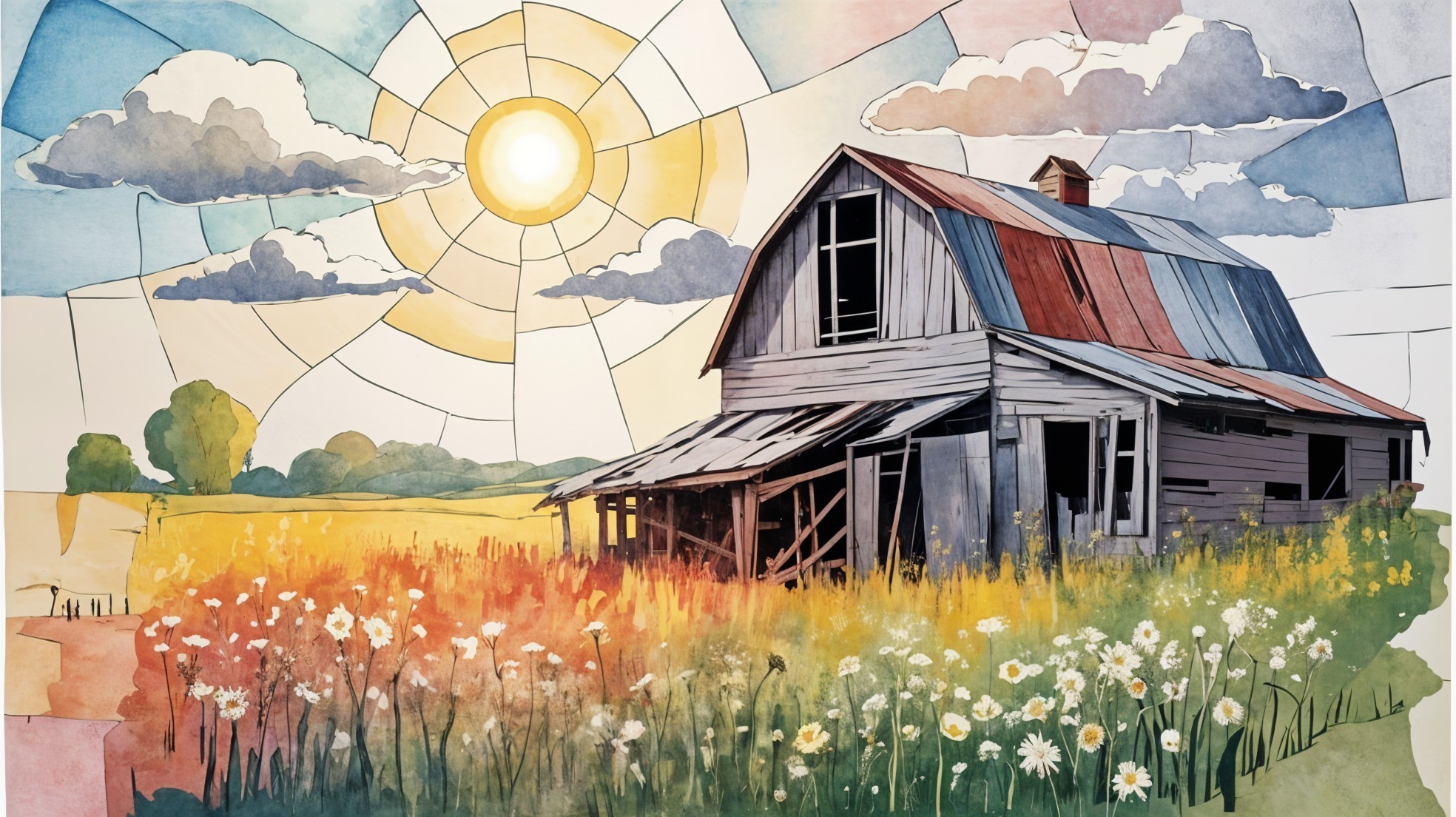 Weathered Barn in Vibrant Landscape with Wildflowers