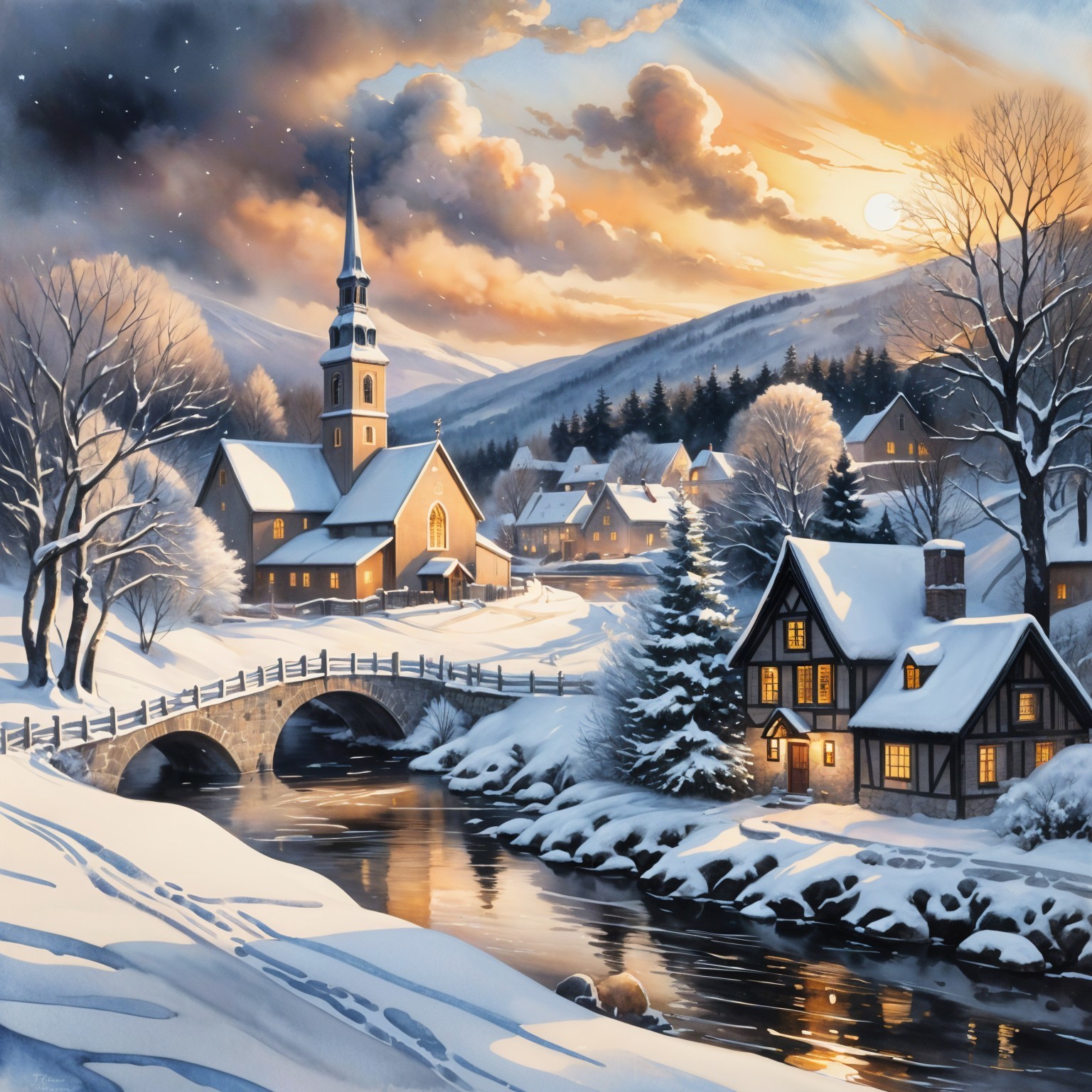Winter Village Scene with Snow-Covered Cottages