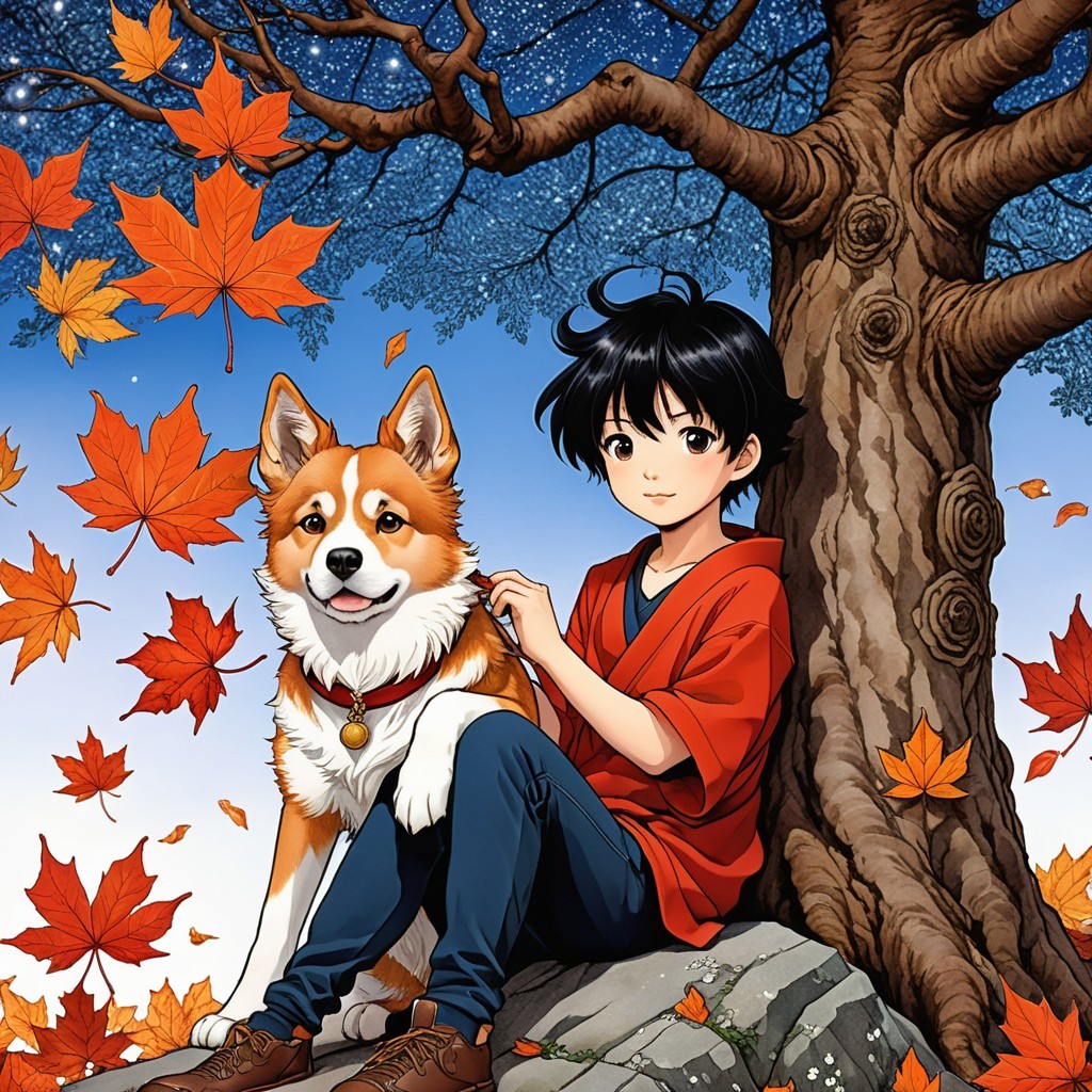 Child and Corgi Under Tree with Fall Leaves