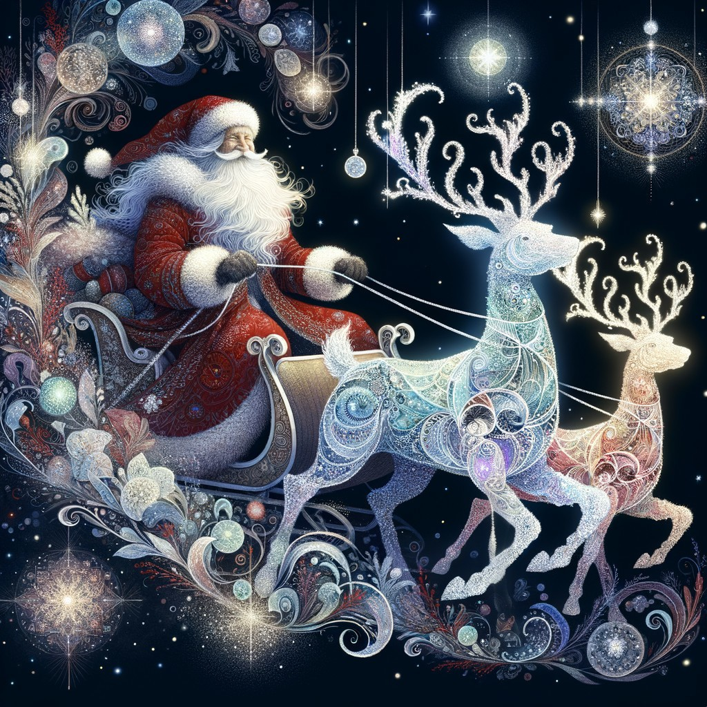 Whimsical Holiday Scene with Santa and Ornate Sleigh