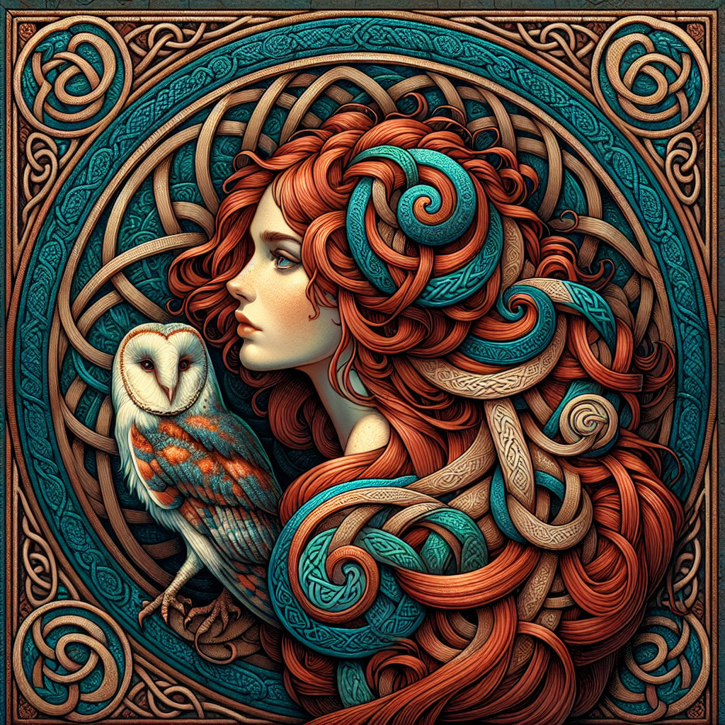 Woman with Red Hair and Turquoise Patterns in Art