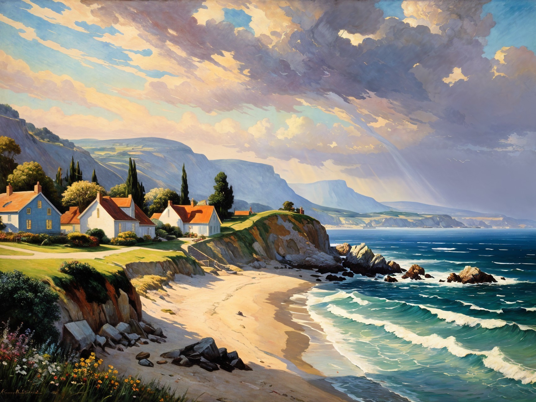 Coastal Scene with Beach, Cottages, and Mountains