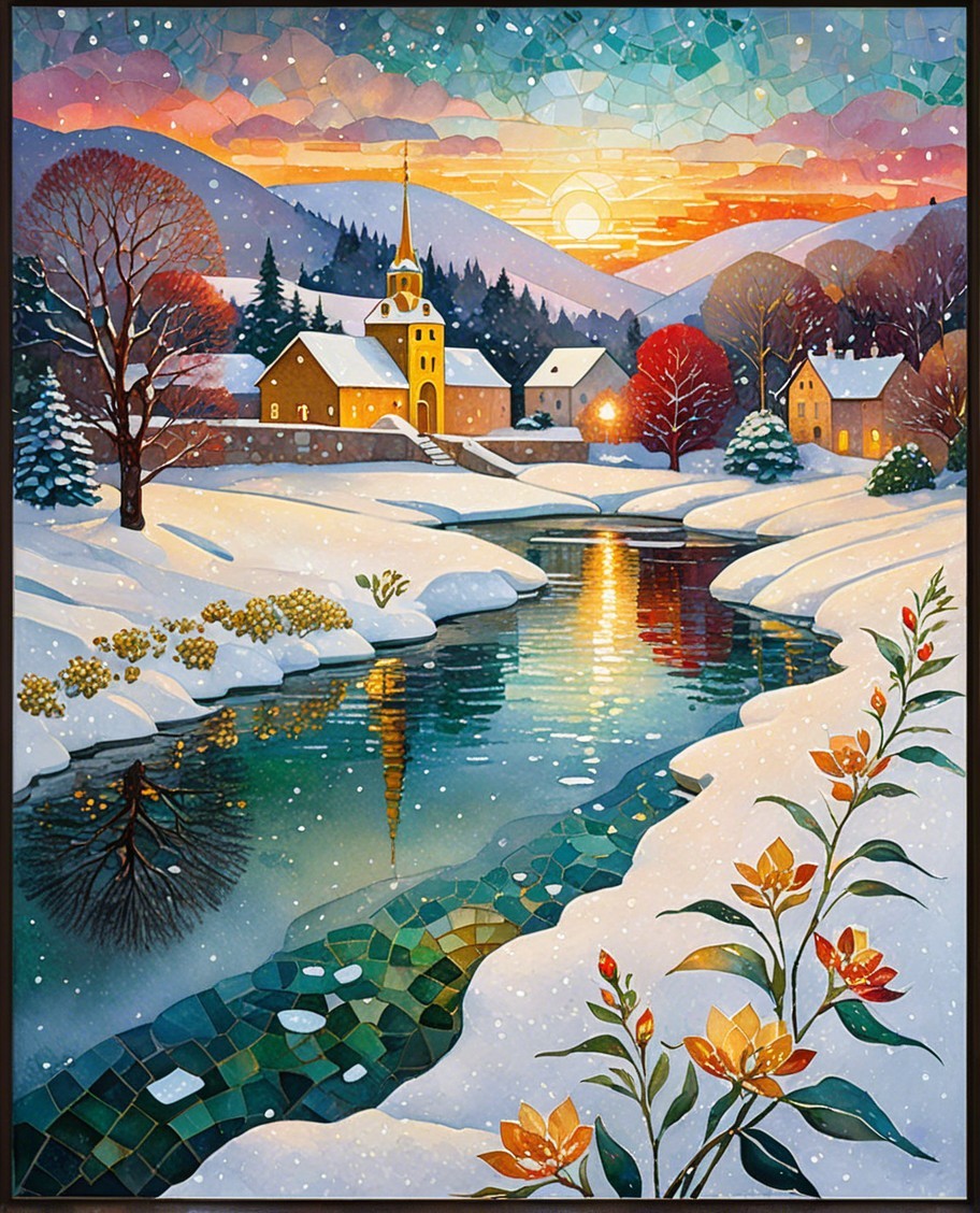 Winter Village Landscape with Snow and Sunset Reflections