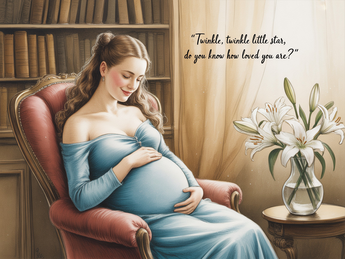 Pregnant Woman in Vintage Chair Surrounded by Books
