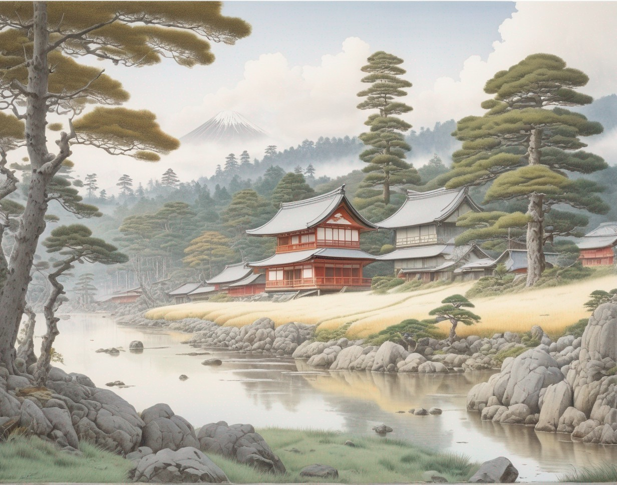 Traditional Japanese Architecture by a Calm River