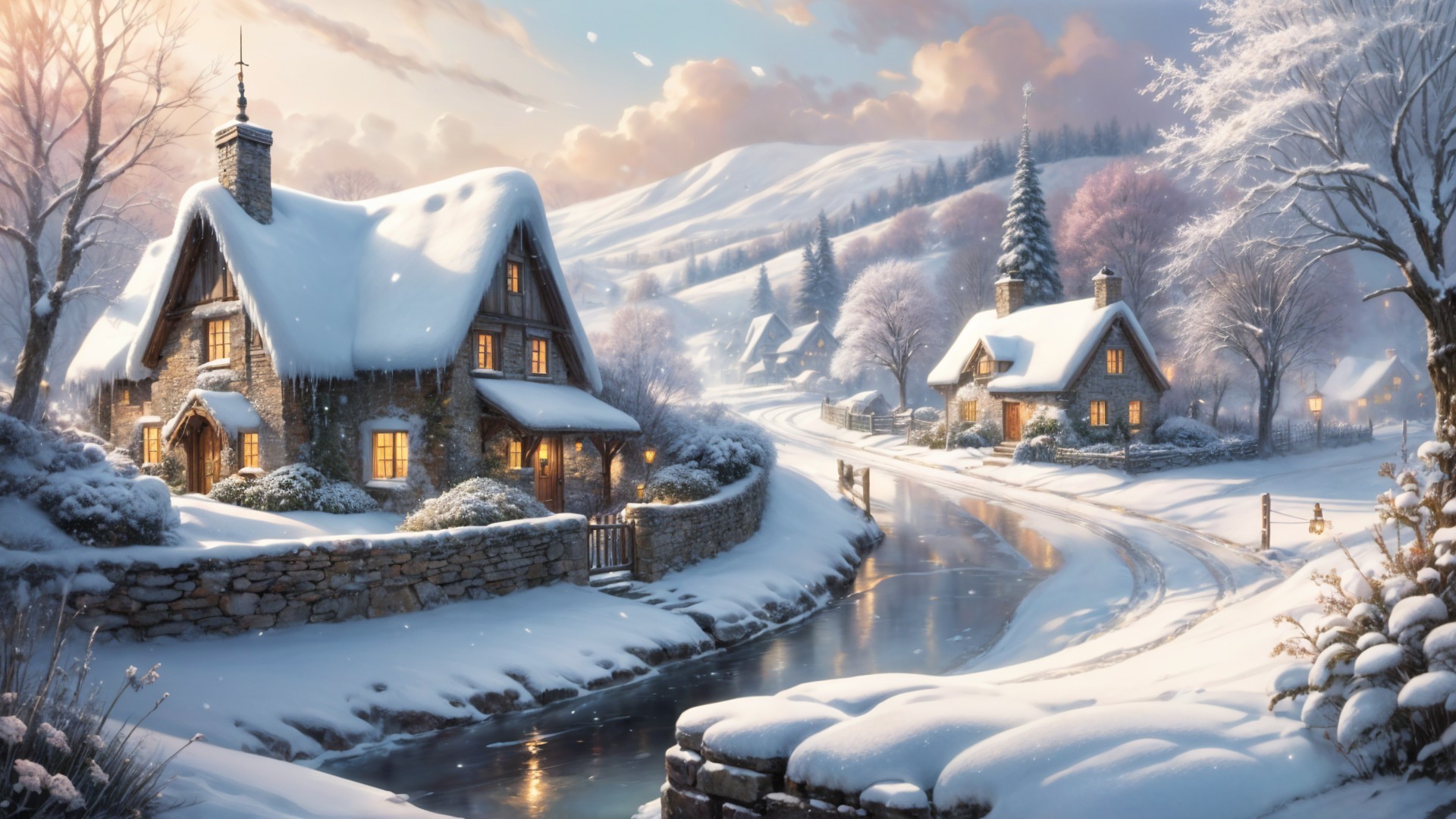 Winter Scene with Snowy Cottages and River