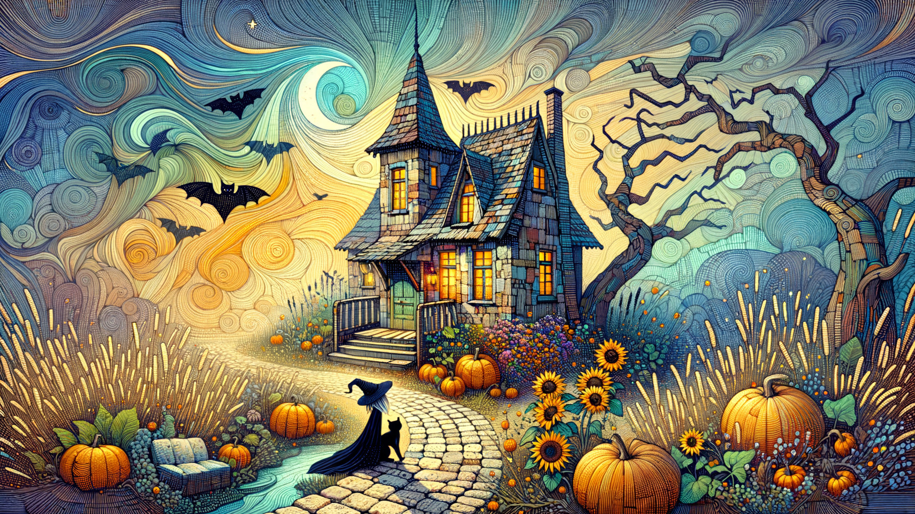 Spooky House with Witch in Whimsical Halloween Scene