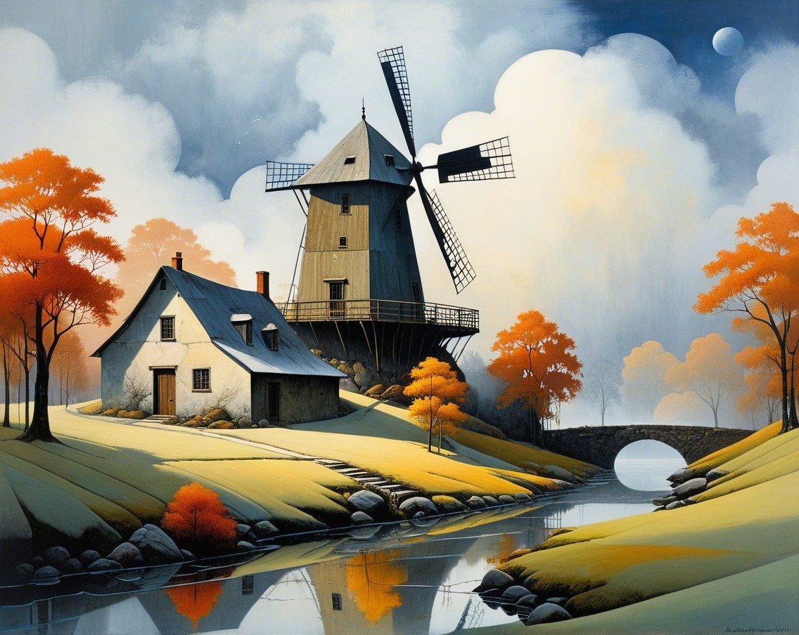 Rustic Windmill Landscape by Tranquil River and Hills