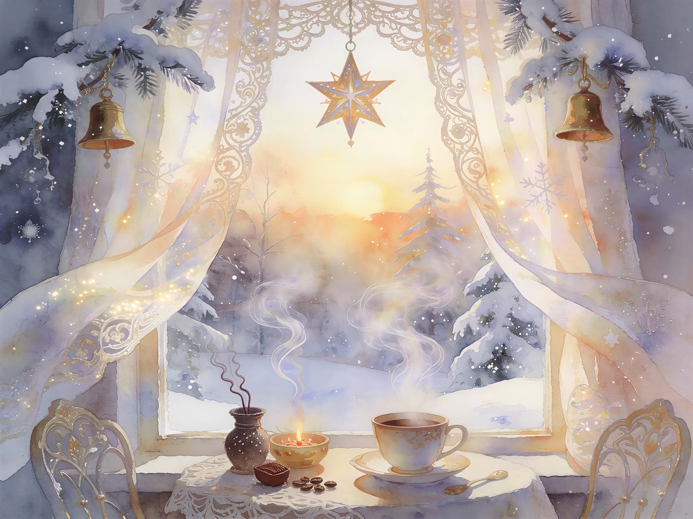 Winter Window Scene with Coffee and Snowy Forest