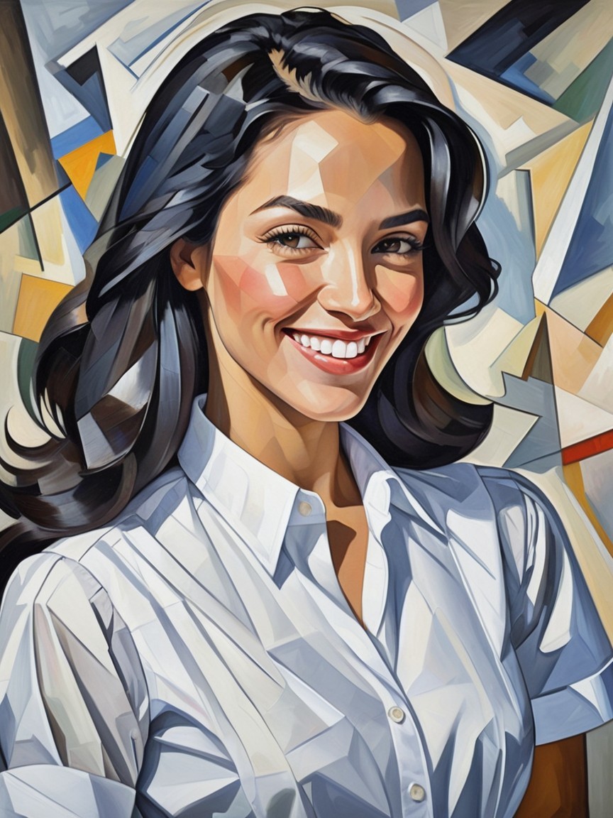 Stylized portrait of a woman with black hair and smile