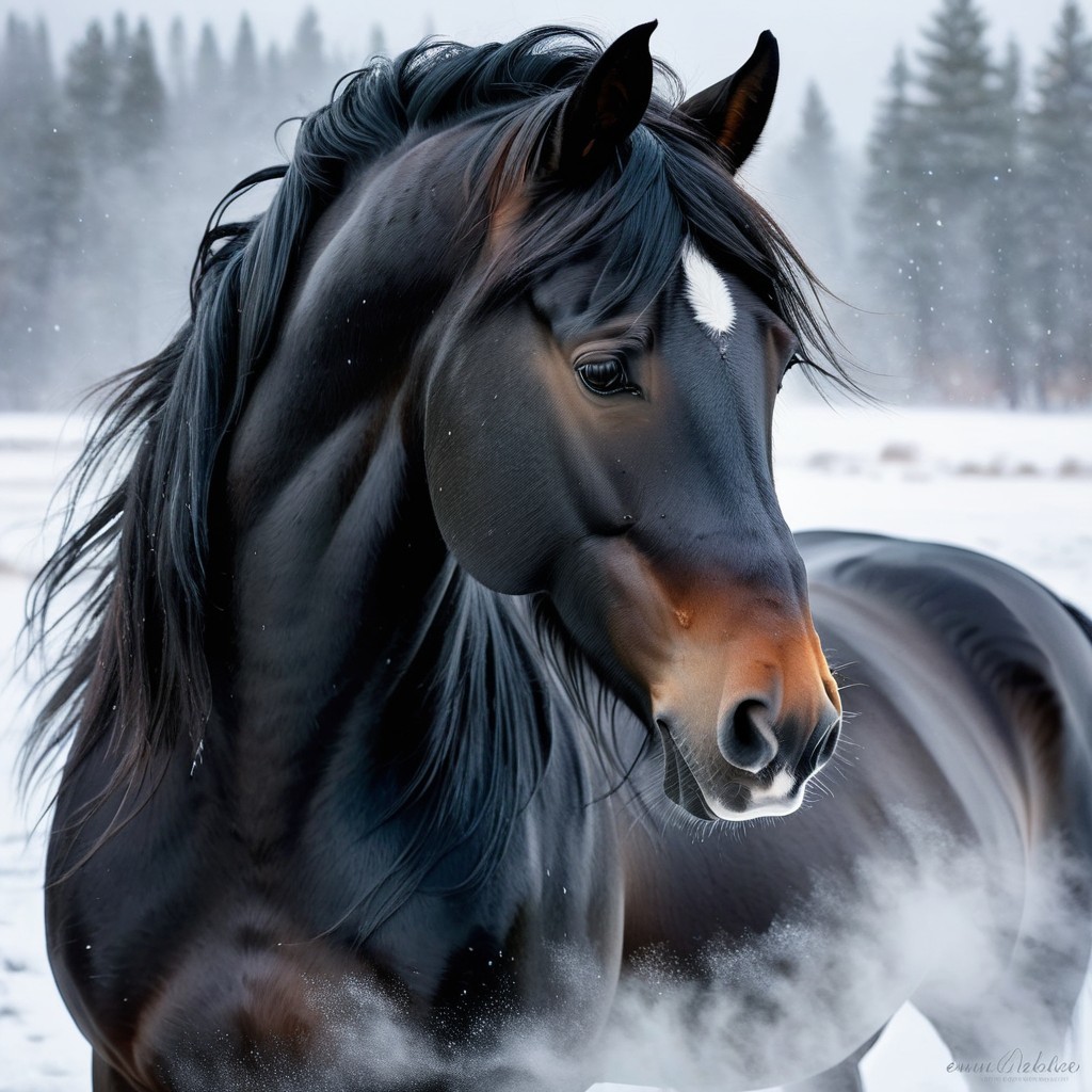 Majestic Black Horse in Serene Snowy Landscape