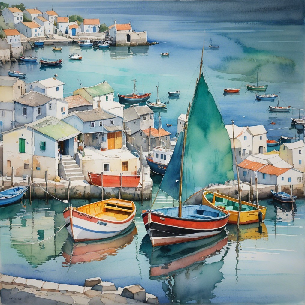 Serene Harbor Scene with Colorful Fishing Boats