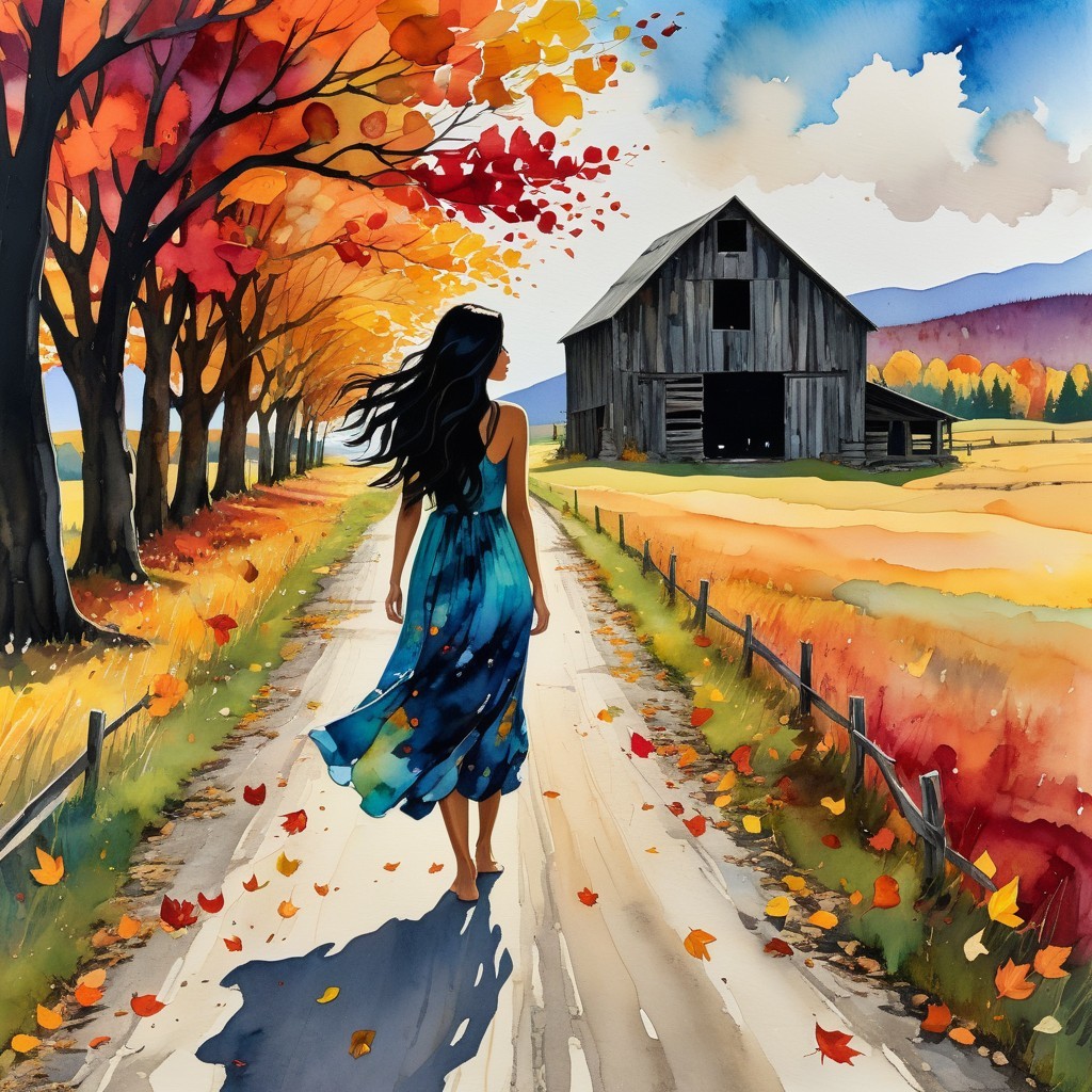 Woman in Blue Dress on Autumn Path with Barn