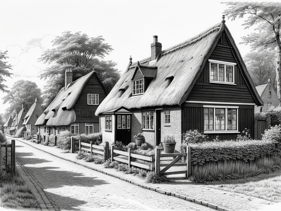 Charming Thatched-Roof Cottages in Serene Countryside