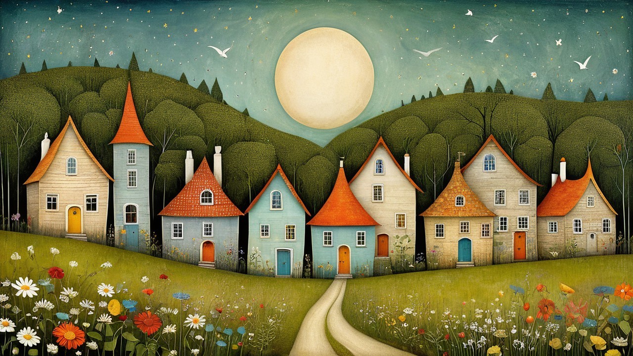 Whimsical Landscape with Colorful Houses and Moonlight