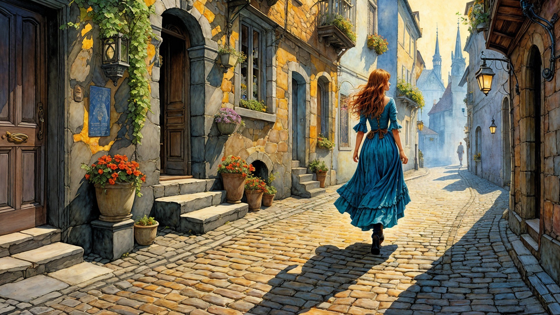 Woman in Blue Dress on Charming Cobblestone Street