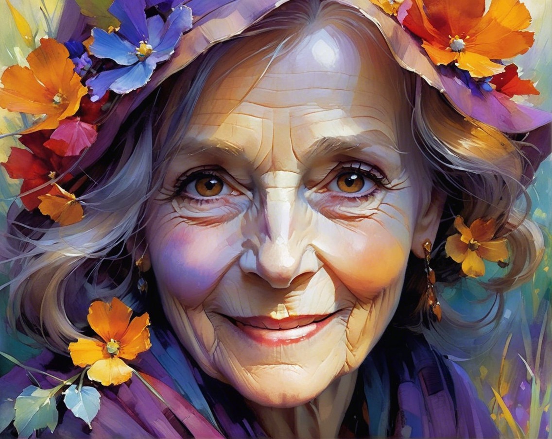 Joyful Elderly Woman in Floral Hat with Warm Smile