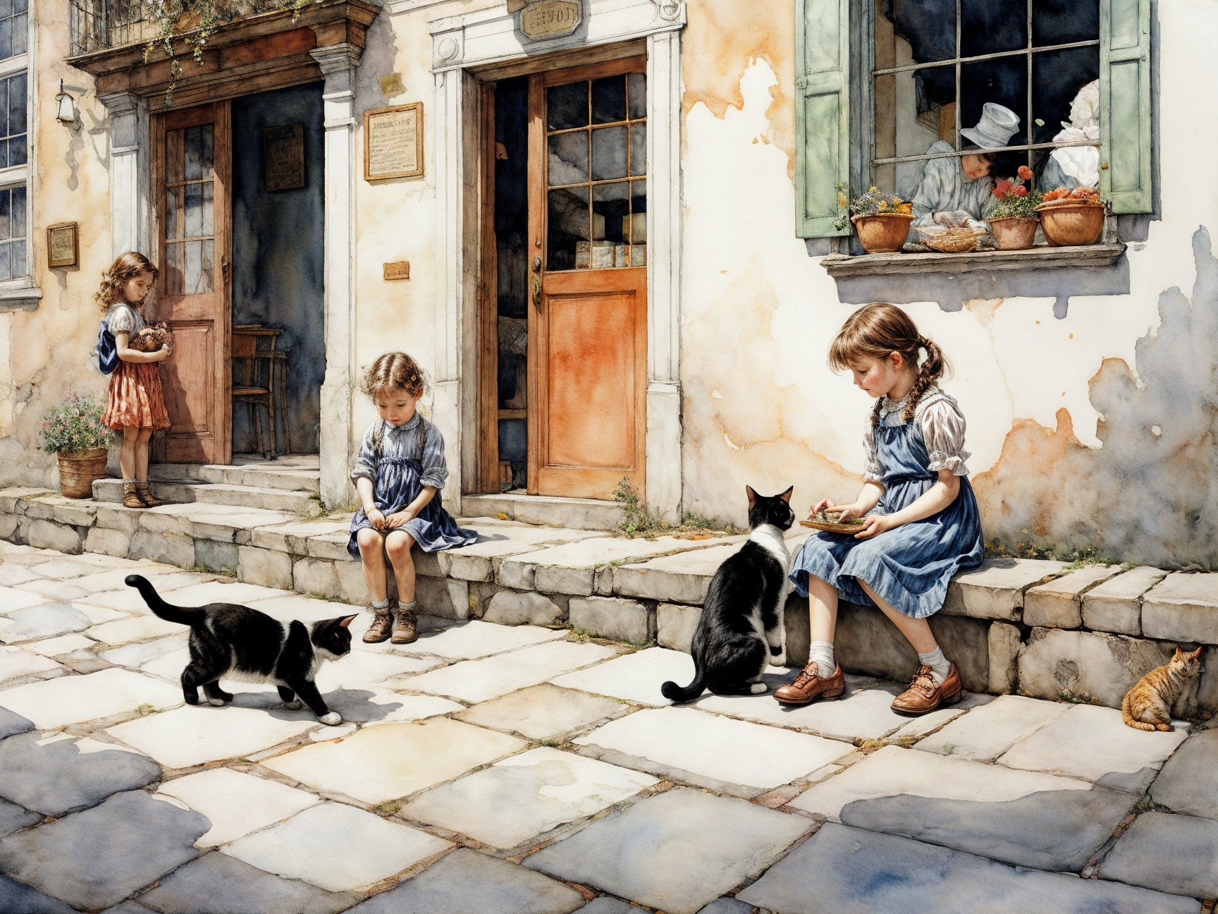 Village Scene with Girls, Cats, and Quaint Buildings