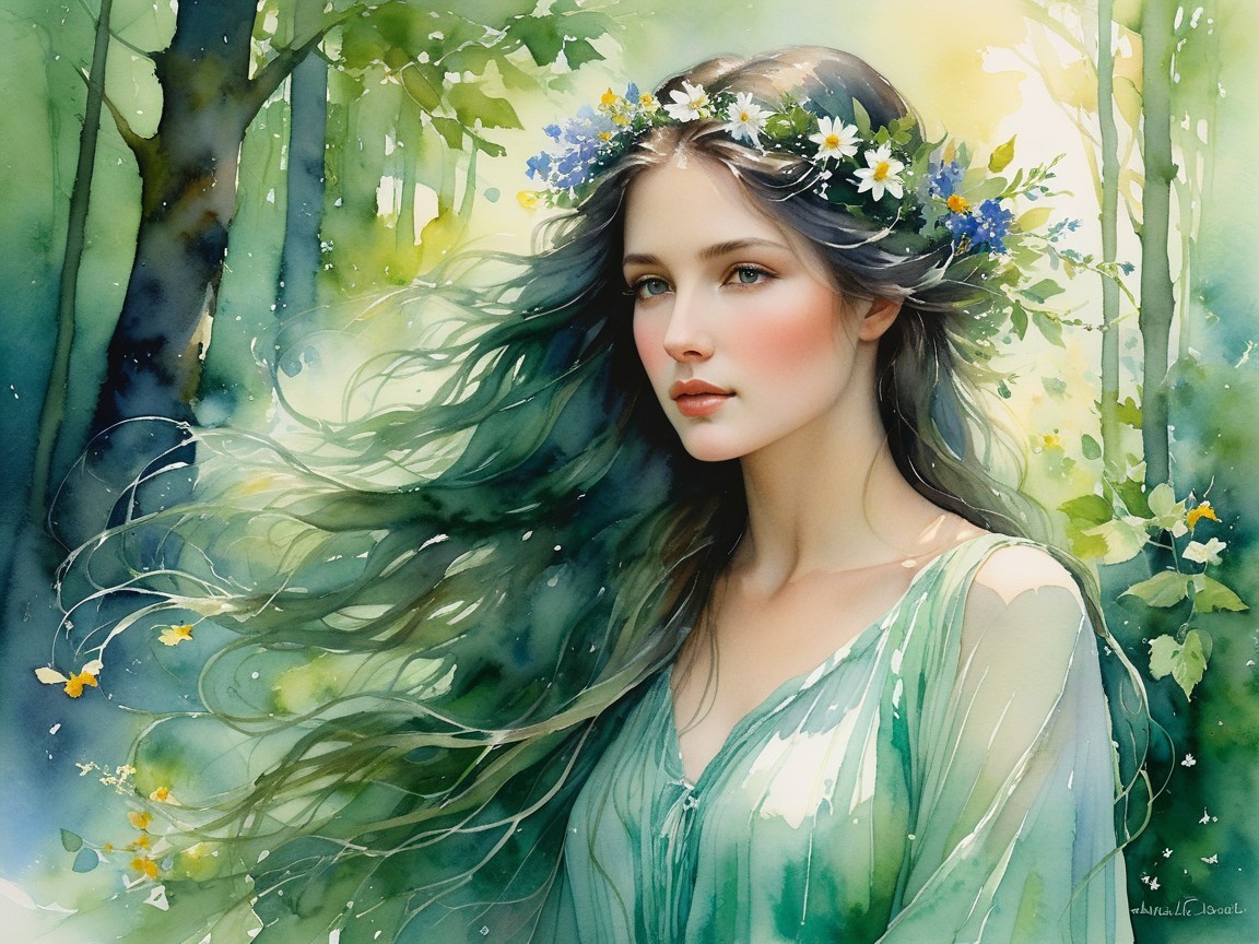 Serene Young Woman in Lush Forest with Floral Crown