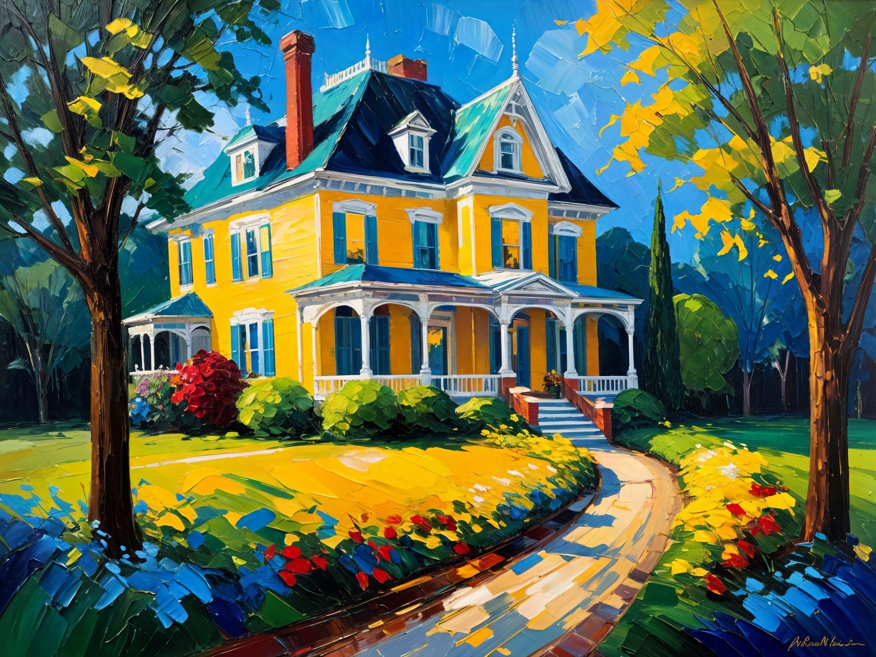 Victorian House Surrounded by Lush Greenery and Flowers