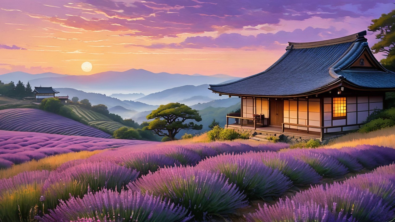 Japanese House Surrounded by Lavender Fields at Sunset