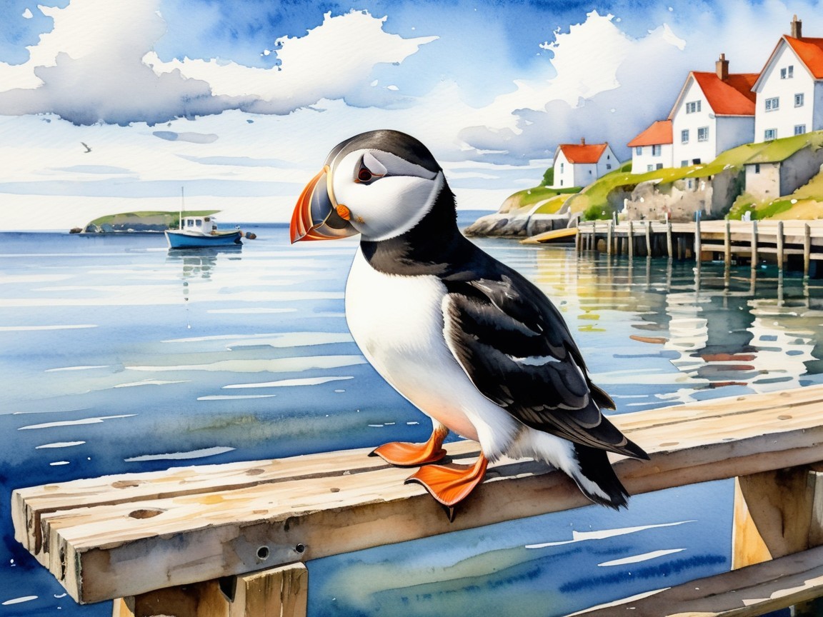 Puffin on Railing with Seascape and Coastal Houses