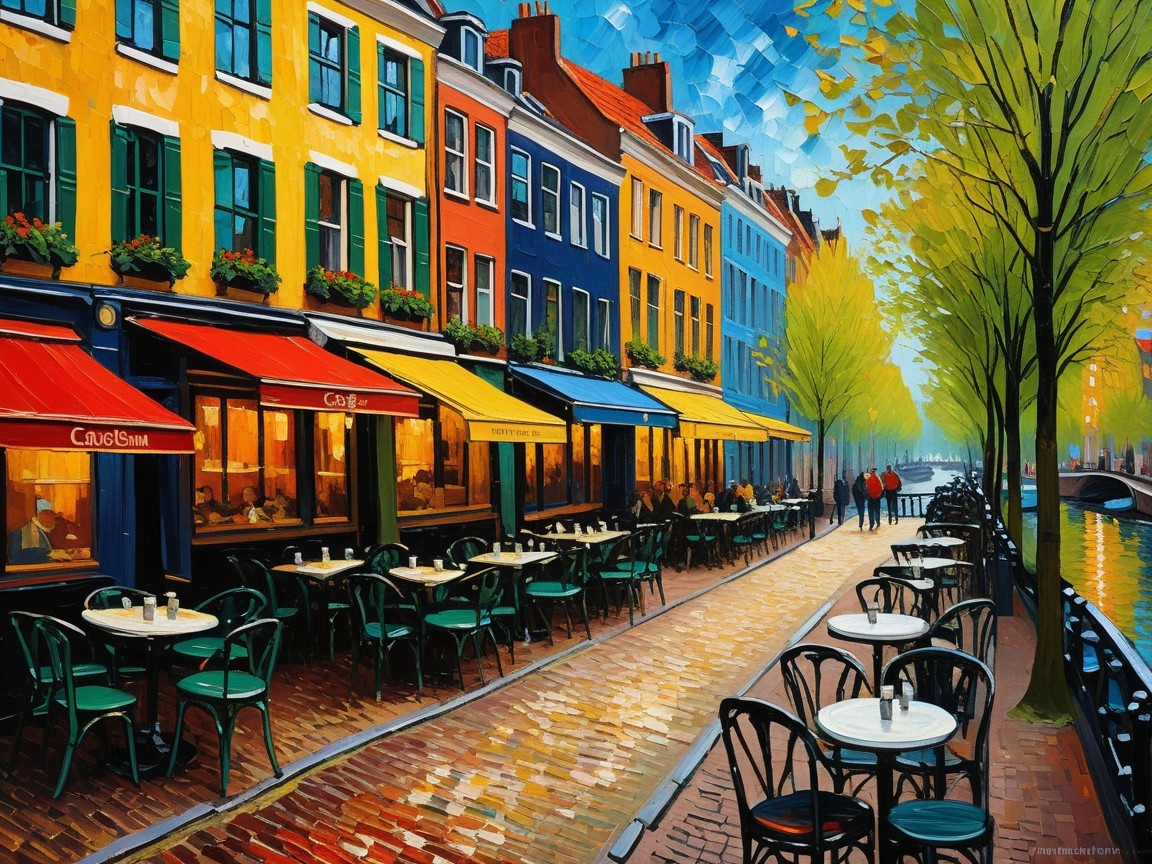 Vibrant street with colorful buildings and outdoor cafés