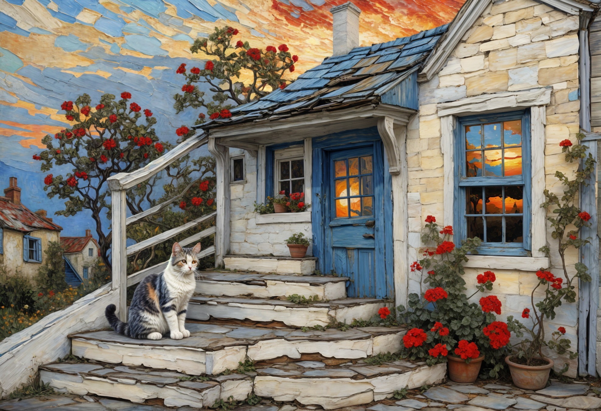 Charming Cottage with Sunset Sky and Cozy Cat