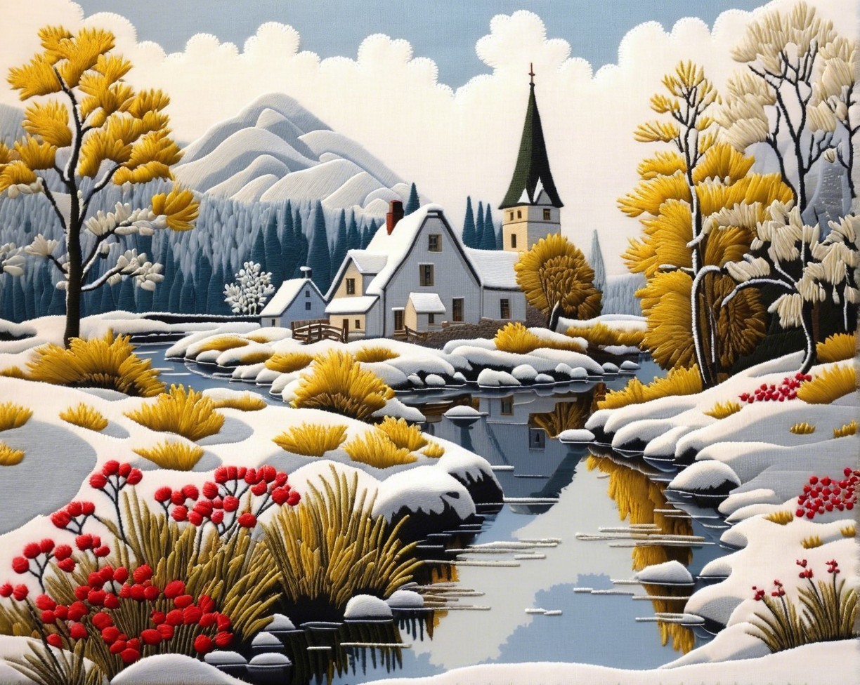 Embroidery Art Depicting a Winter Landscape Scene