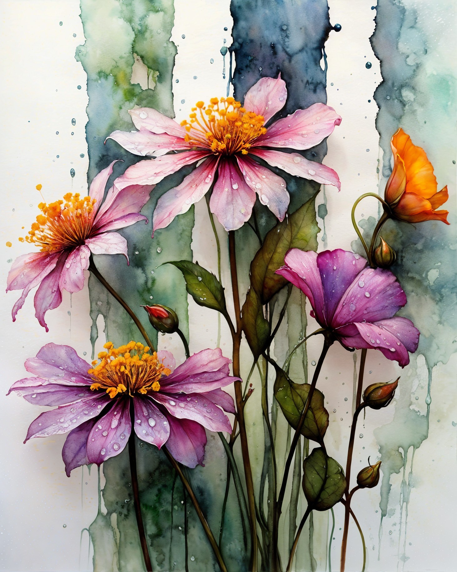 Vibrant Watercolor Painting of Pink and Purple Flowers