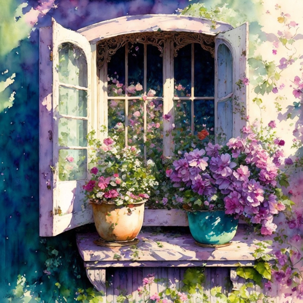 Charming Window Overlooking a Vibrant Garden Scene