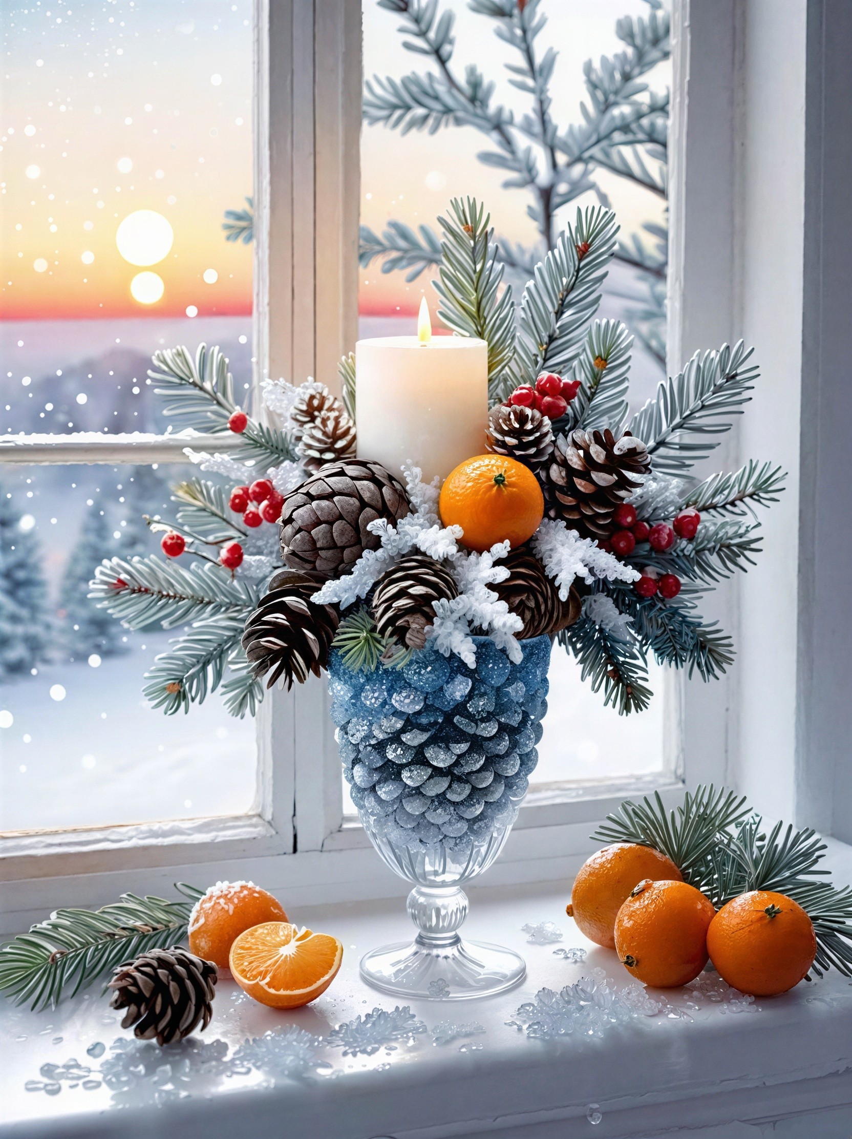 Candle Centerpiece in Winter Wonderland Scene