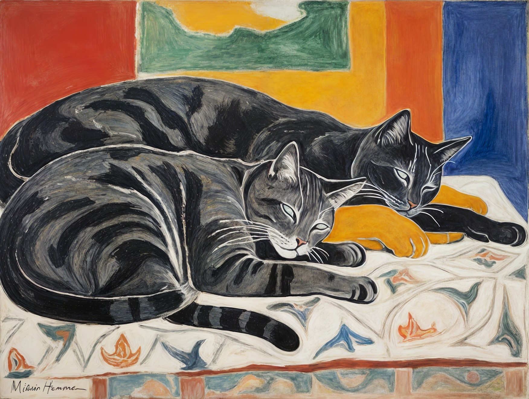 Tabby Cats Curled Together on Abstract Background