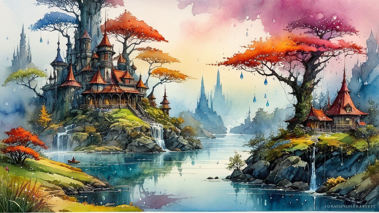 Whimsical Landscape with Castle and Autumn Foliage