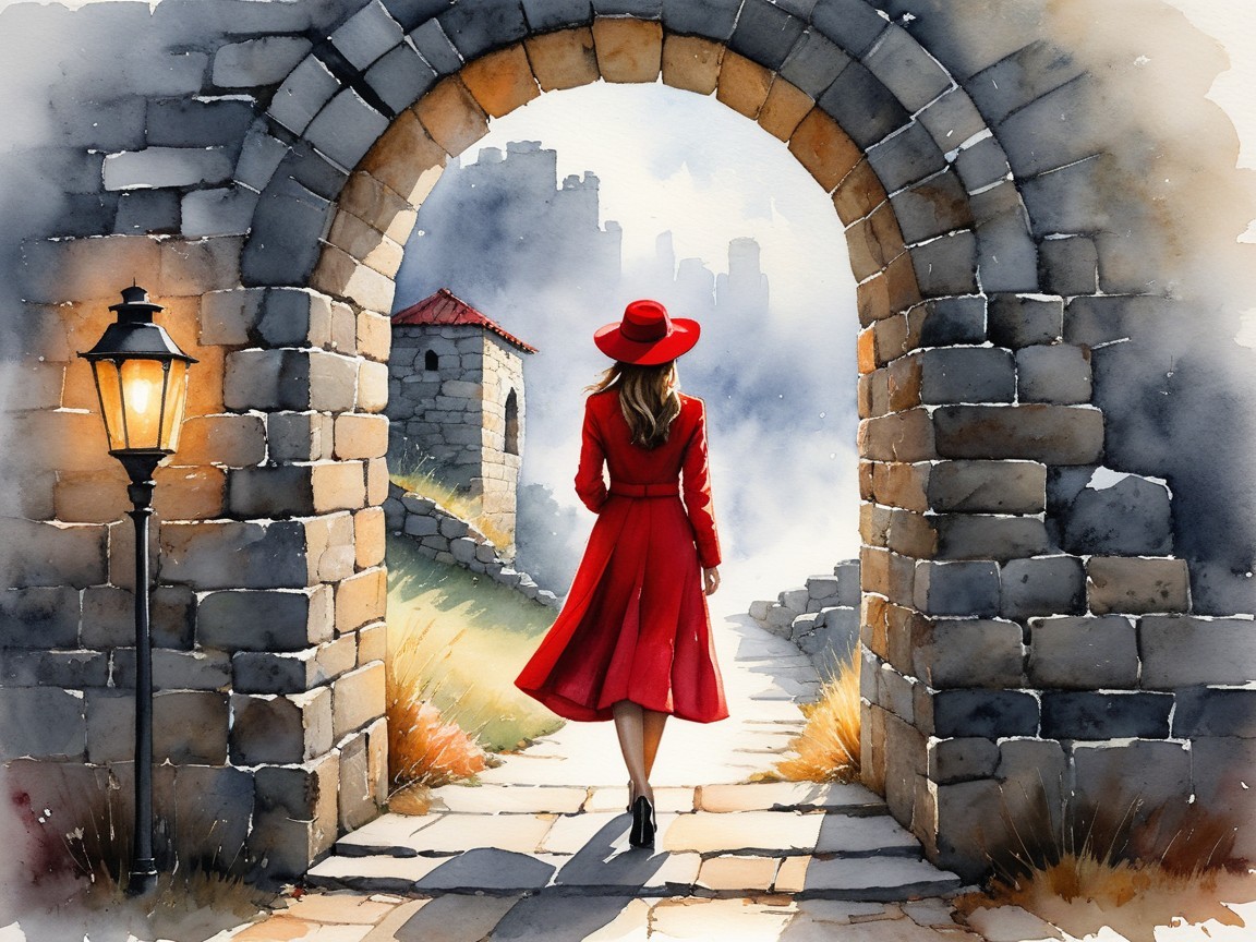 Woman in red dress by stone archway with foggy ruins