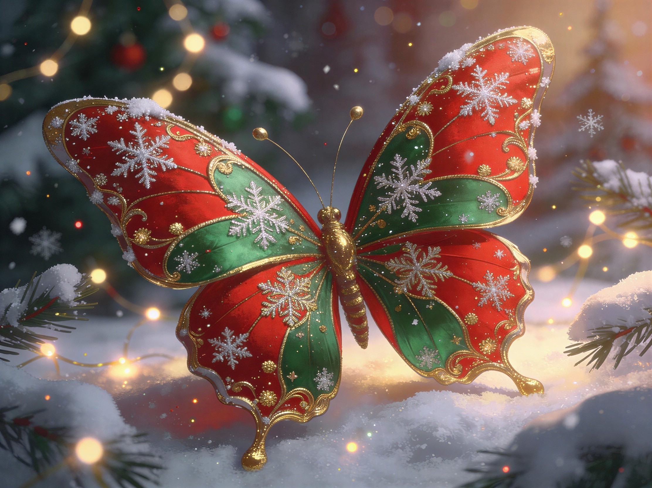 Festive Butterfly Ornament in Winter Wonderland Scene