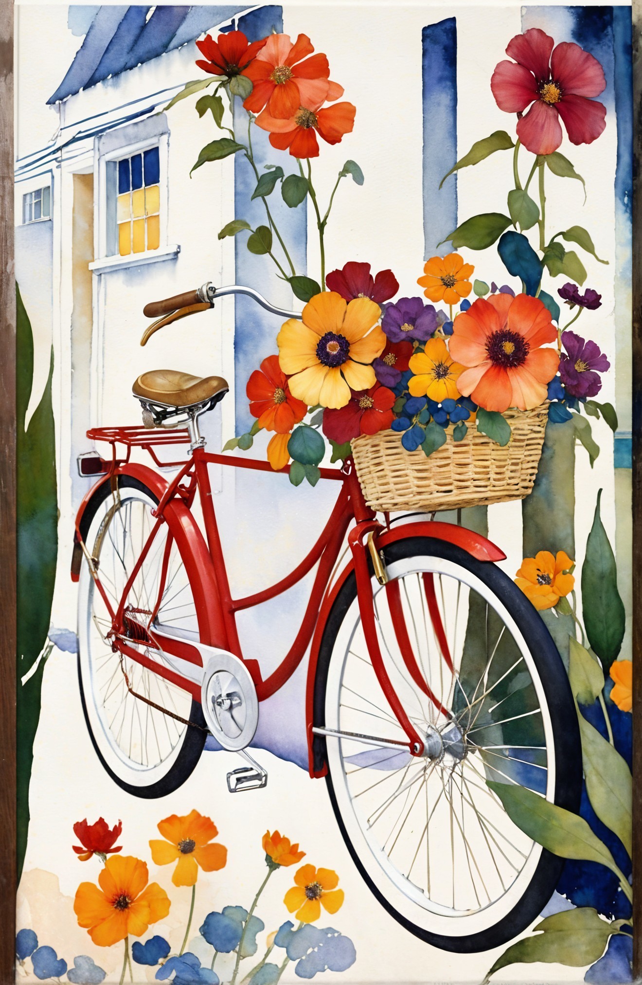 Vibrant Red Bicycle with Flowers by a Charming House