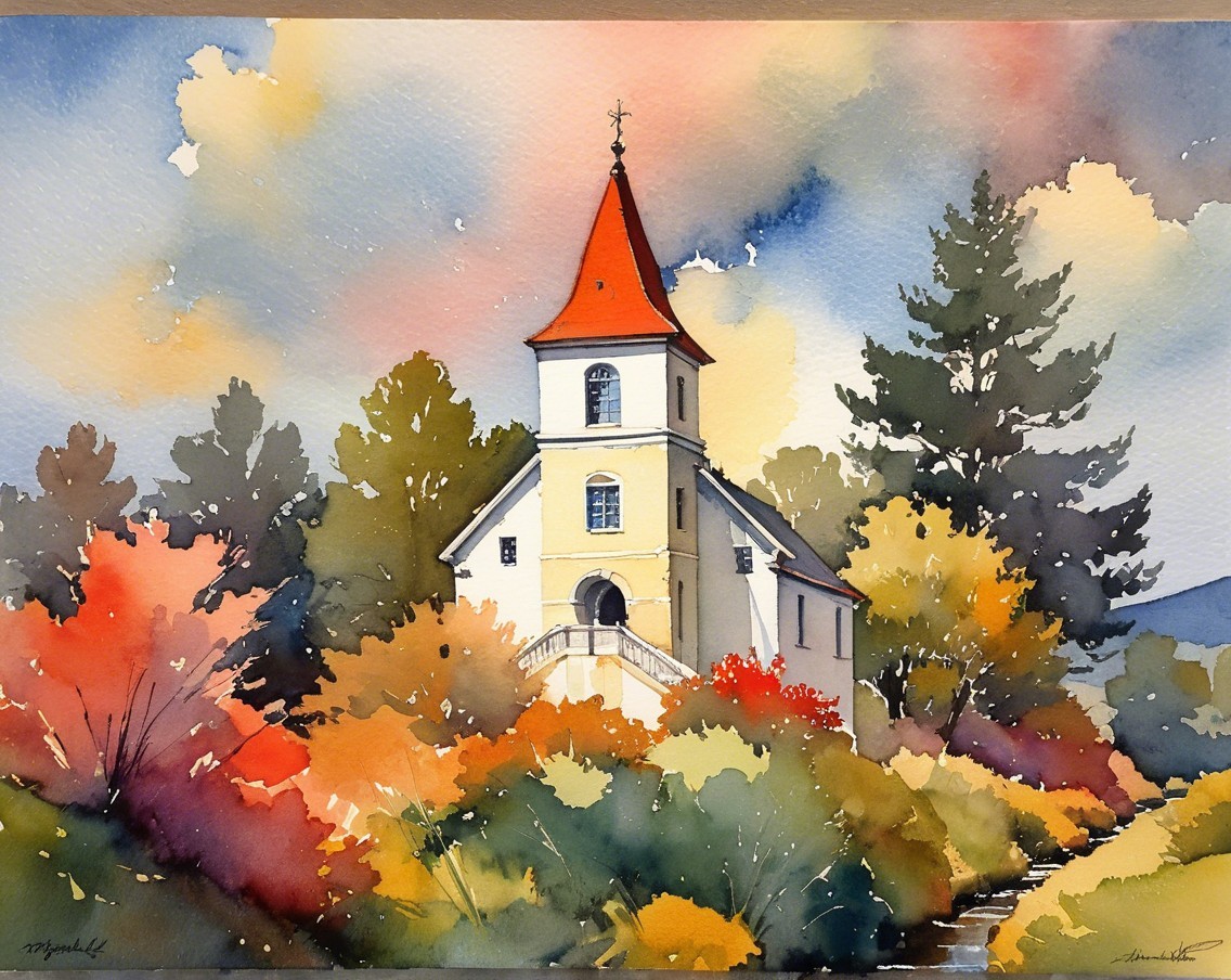 Watercolor Painting of Church in Autumn Landscape
