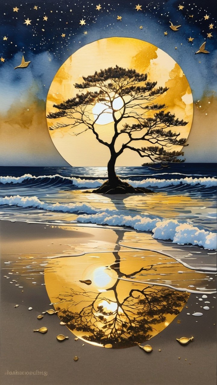 Twilight Beach Scene with Moon and Silhouetted Tree