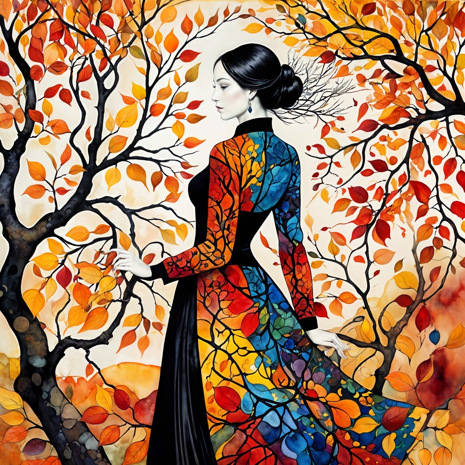 Woman in Long Gown Surrounded by Autumn Foliage