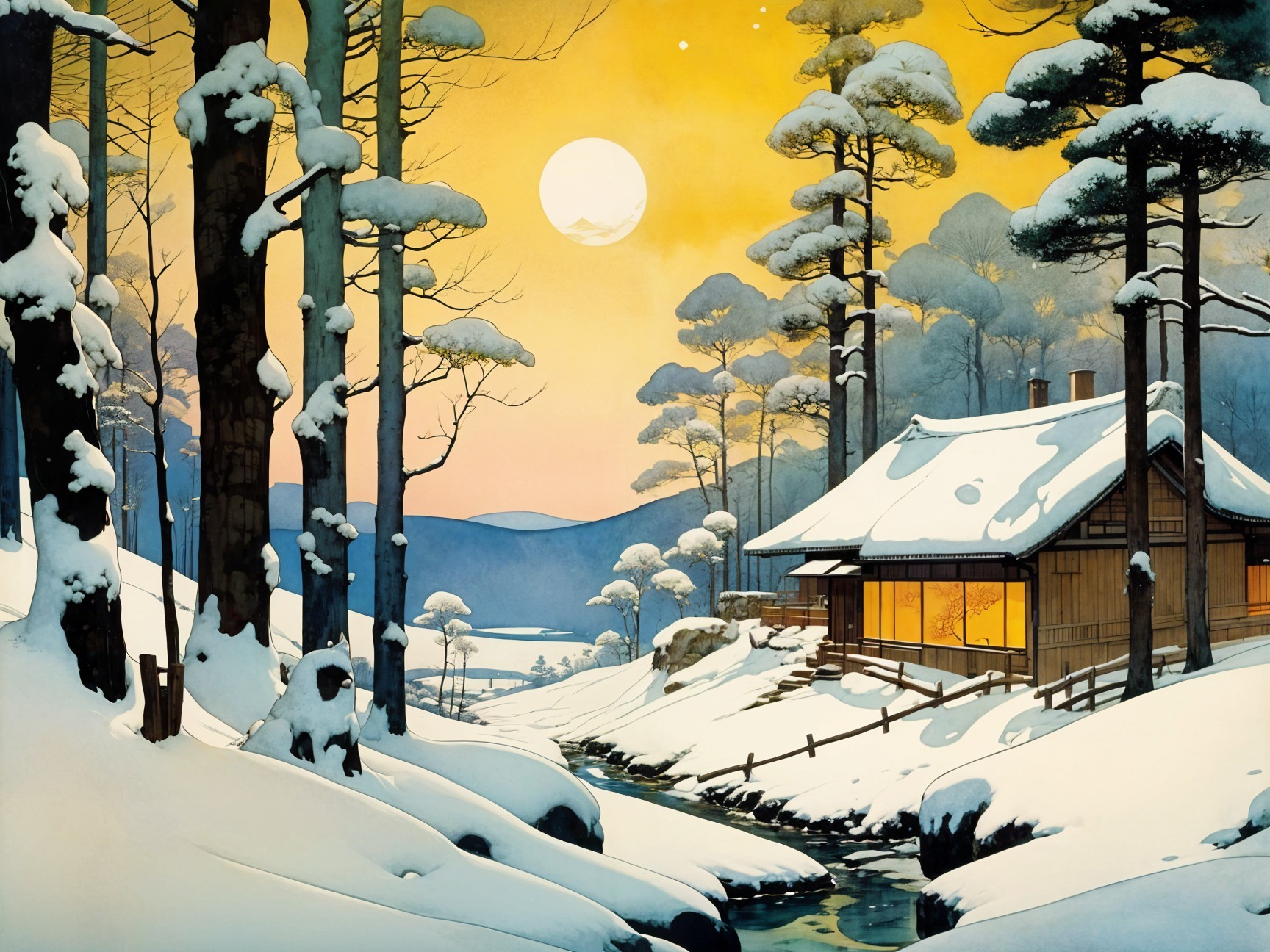 Tranquil Winter Scene with Moonlit Cabin and Pines